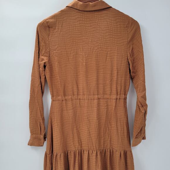 Harper Tiered Shirt Dress Womens XS Brown Embossed Animal Print Button Down Maxi - Picture 8 of 16